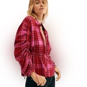 WE THE FREE Pacific Dawn Plaid Shirt Red Pink Cinch Waist Tie Back Size Large
